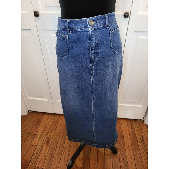 Medium Wash Denim Midi Skirt Stretch 10 Boho Teacher Retro y2K Modest Preppy - Picture 1 of 4